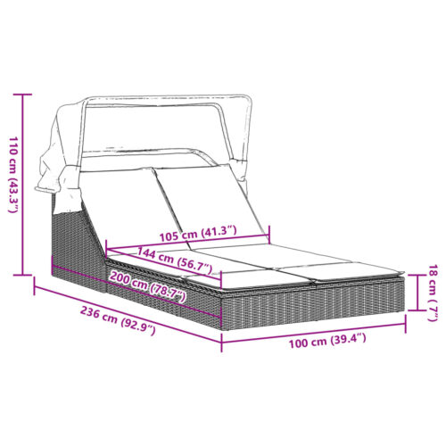 Double Canopy Sun Lounger with Cushions Black Poly Rattan - Image 8