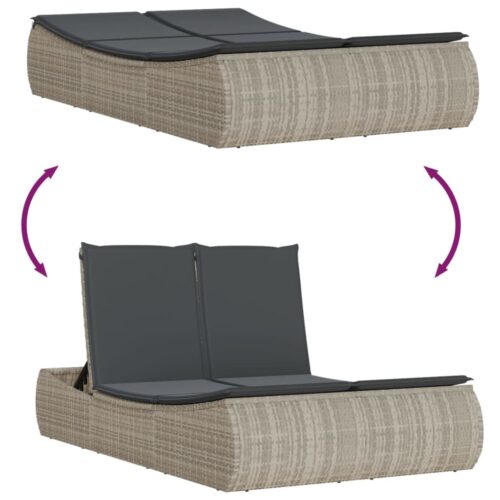Double Sun Lounger with Cushions Light Grey Poly Rattan - Image 7