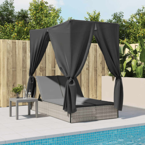 Double Sun Lounger with Roof and Curtains Light Grey Poly Rattan - Image 3
