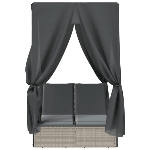 Double Sun Lounger with Roof and Curtains Light Grey Poly Rattan - Image 4