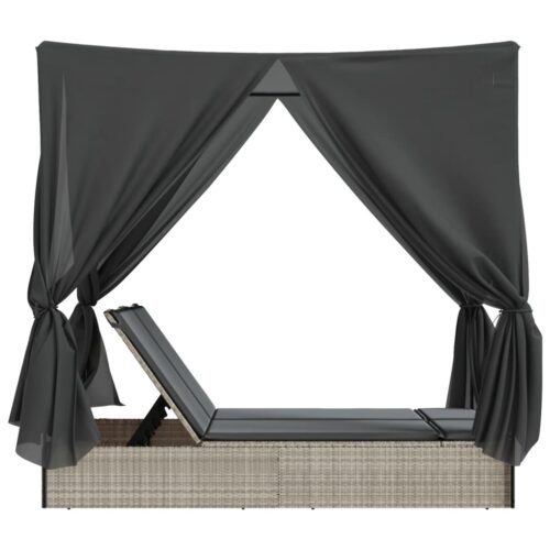 Double Sun Lounger with Roof and Curtains Light Grey Poly Rattan - Image 5