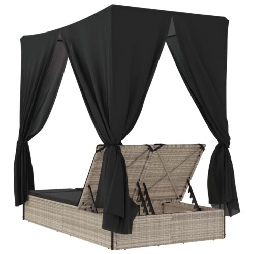 Double Sun Lounger with Roof and Curtains Light Grey Poly Rattan - Image 6
