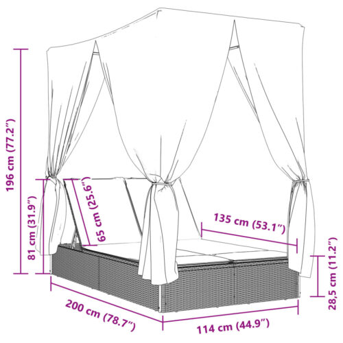Double Sun Lounger with Roof and Curtains Light Grey Poly Rattan - Image 9