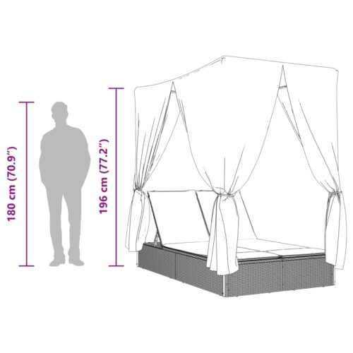 Double Sun Lounger with Roof and Curtains Light Grey Poly Rattan - Image 10
