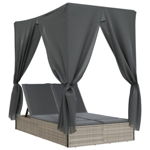 Double Sun Lounger with Roof and Curtains Light Grey Poly Rattan - Image 11