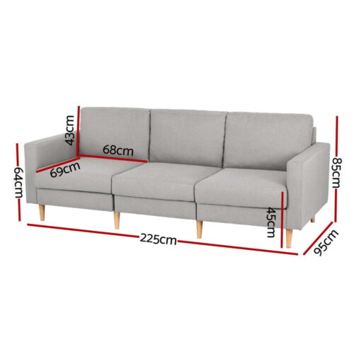Artiss 3 Seater Sofa 225cm Linen Fabric Grey - Image 2