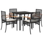 5-Piece Garden Dining Set with Cushions Black Poly Rattan