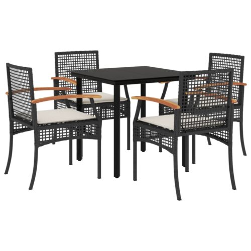 5-Piece Garden Dining Set with Cushions Black Poly Rattan