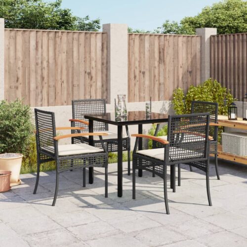5-Piece Garden Dining Set with Cushions Black Poly Rattan - Image 3