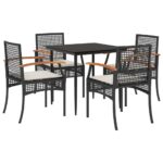 5-Piece Garden Dining Set with Cushions Black Poly Rattan