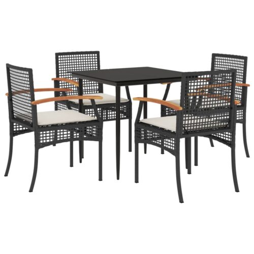 5-Piece Garden Dining Set with Cushions Black Poly Rattan