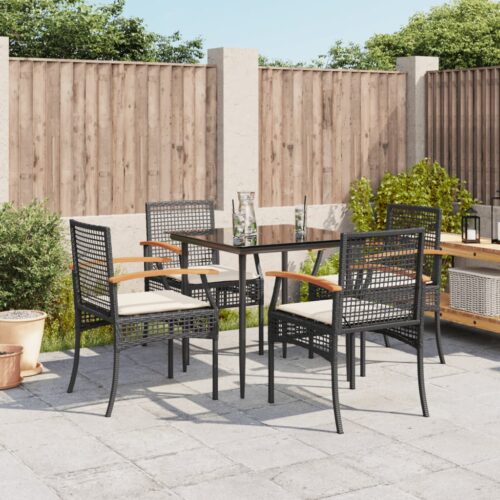 5-Piece Garden Dining Set with Cushions Black Poly Rattan - Image 2