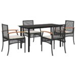 5-Piece Garden Dining Set with Cushions Black Poly Rattan