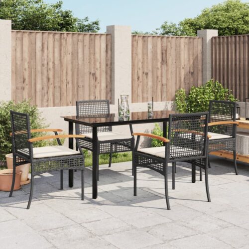 5-Piece Garden Dining Set with Cushions Black Poly Rattan - Image 2