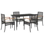 5-Piece Garden Dining Set with Cushions Black Poly Rattan