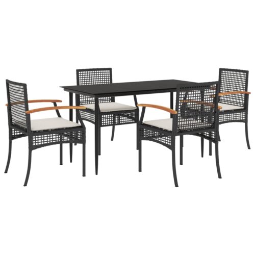 5-Piece Garden Dining Set with Cushions Black Poly Rattan