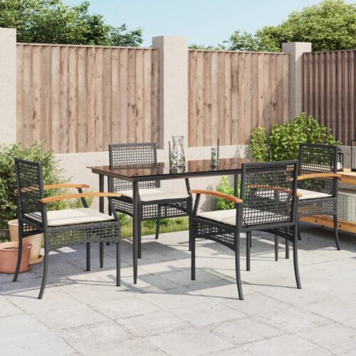 5-Piece Garden Dining Set with Cushions Black Poly Rattan - Image 2