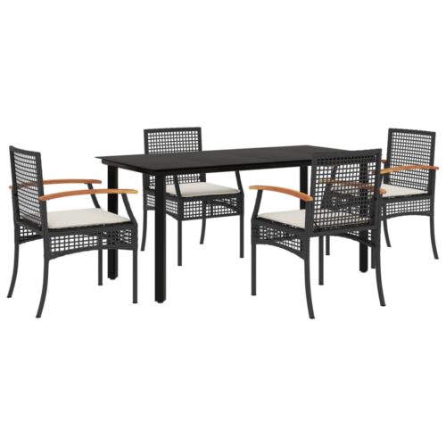 5-Piece Garden Dining Set with Cushions Black Poly Rattan