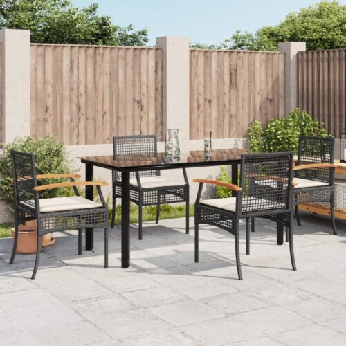 5-Piece Garden Dining Set with Cushions Black Poly Rattan - Image 2