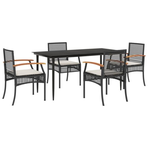 5-Piece Garden Dining Set with Cushions Black Poly Rattan