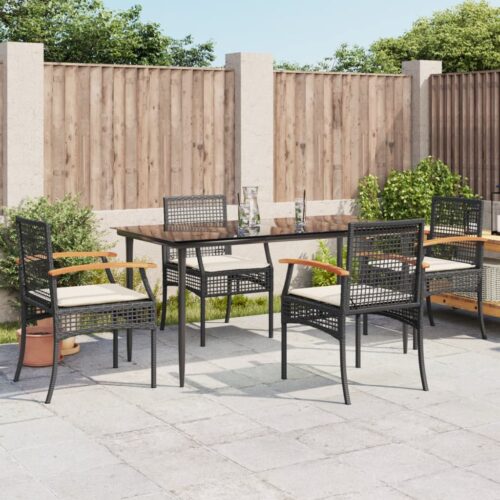 5-Piece Garden Dining Set with Cushions Black Poly Rattan - Image 2