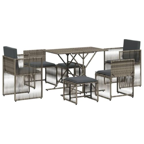 7-Piece Garden Dining Set with Cushions Grey Poly Rattan