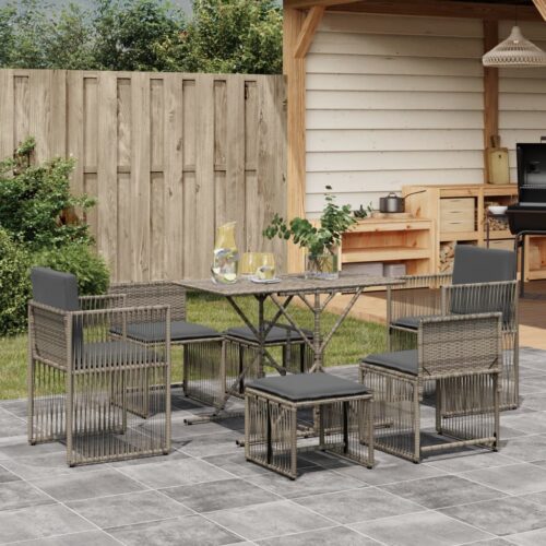 7-Piece Garden Dining Set with Cushions Grey Poly Rattan - Image 2
