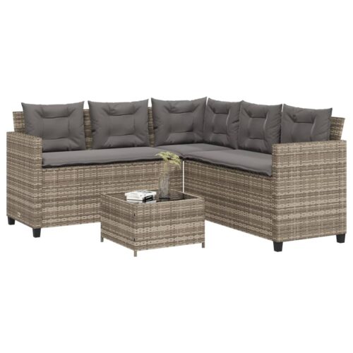 Garden Sofa with Table Cushions L-Shaped Grey Poly Rattan - Image 2