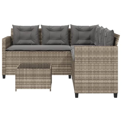 Garden Sofa with Table Cushions L-Shaped Grey Poly Rattan - Image 4