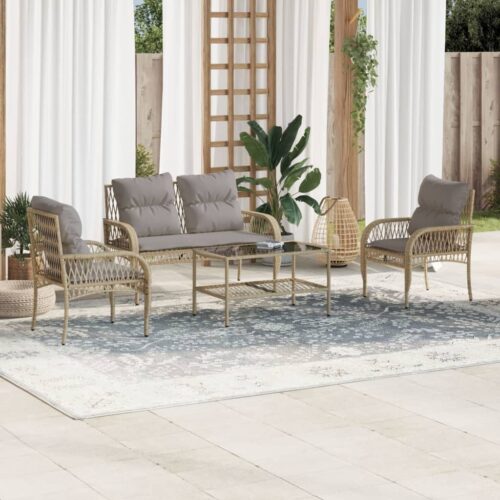 4-Piece Garden Sofa Set with Cushions Beige Poly Rattan - Image 2