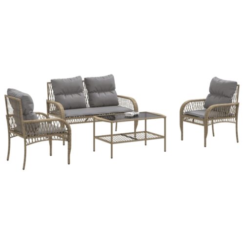 4-Piece Garden Sofa Set with Cushions Beige Poly Rattan - Image 3