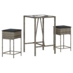 3-Piece Garden Bar Set with Cushions Grey Poly Rattan