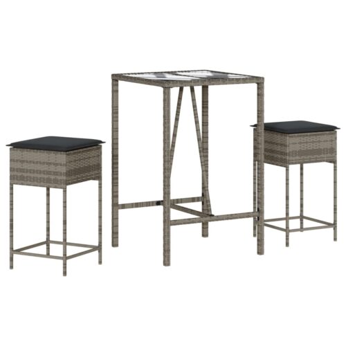 3-Piece Garden Bar Set with Cushions Grey Poly Rattan