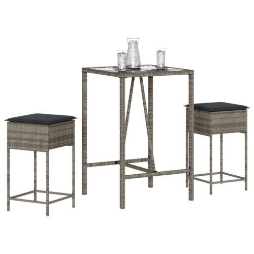 3-Piece Garden Bar Set with Cushions Grey Poly Rattan - Image 2