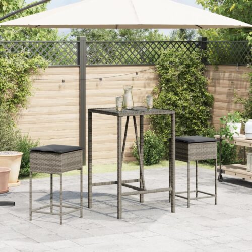 3-Piece Garden Bar Set with Cushions Grey Poly Rattan - Image 3