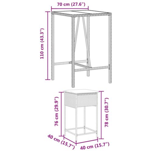 3-Piece Garden Bar Set with Cushions Grey Poly Rattan - Image 8