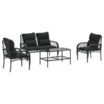 4-Piece Garden Sofa Set with Cushions Black Poly Rattan