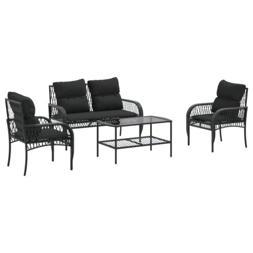 4-Piece Garden Sofa Set with Cushions Black Poly Rattan