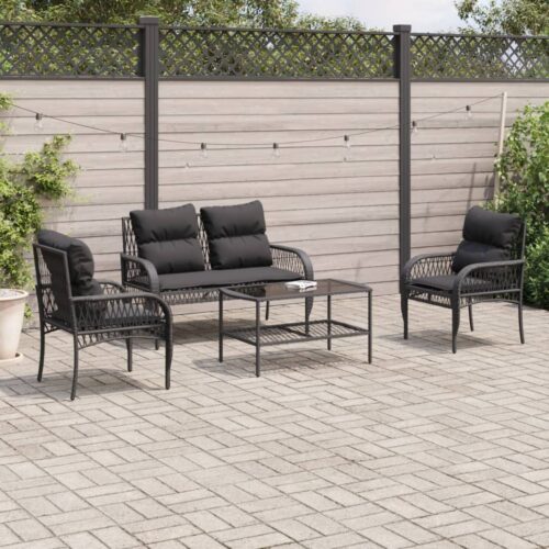 4-Piece Garden Sofa Set with Cushions Black Poly Rattan - Image 2