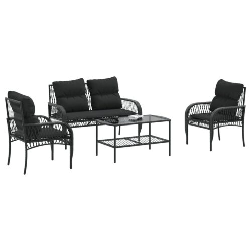 4-Piece Garden Sofa Set with Cushions Black Poly Rattan - Image 3