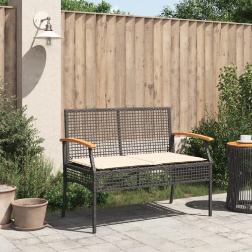 Garden Bench with Cushion Black Poly Rattan Acacia Wood - Image 3