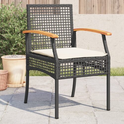 Garden Chairs with Cushions 4pcs Black Poly Rattan Acacia Wood - Image 2