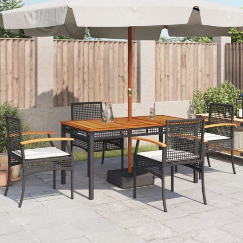 Garden Chairs with Cushions 4pcs Black Poly Rattan Acacia Wood - Image 3