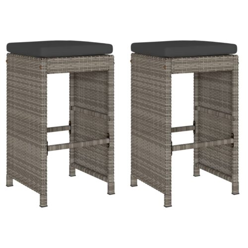 2x Garden Bar Stools with Cushions Grey Wicker Rattan Outdoor Patio Dining Chairs