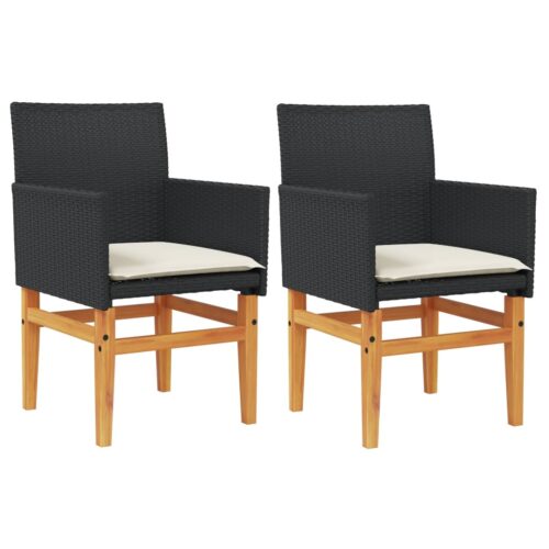 Garden Chairs with Cushions 2pcs Black Poly Rattan Solid Wood