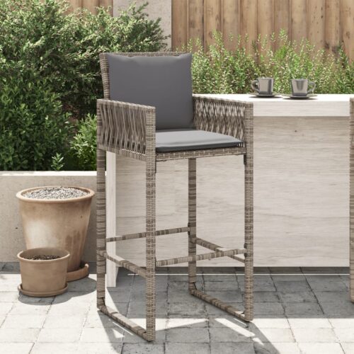 2x Garden Bar Stools with Cushions Grey Wicker Rattan Outdoor Patio Dining Chairs - Image 2