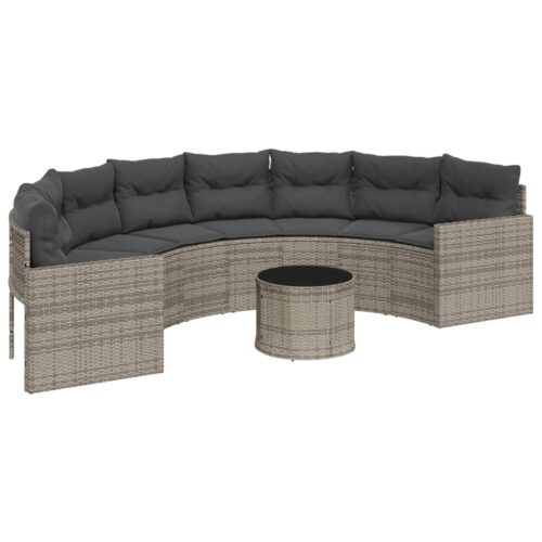 Garden Sofa with Table Cushions Half-Round Grey Poly Rattan
