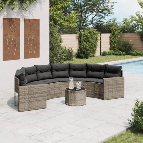 Garden Sofa with Table Cushions Half-Round Grey Poly Rattan - Image 2