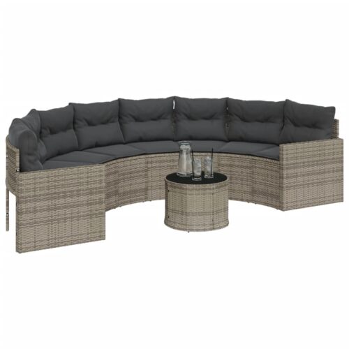Garden Sofa with Table Cushions Half-Round Grey Poly Rattan - Image 3