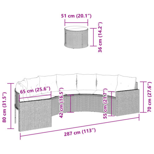 Garden Sofa with Table Cushions Half-Round Grey Poly Rattan - Image 9